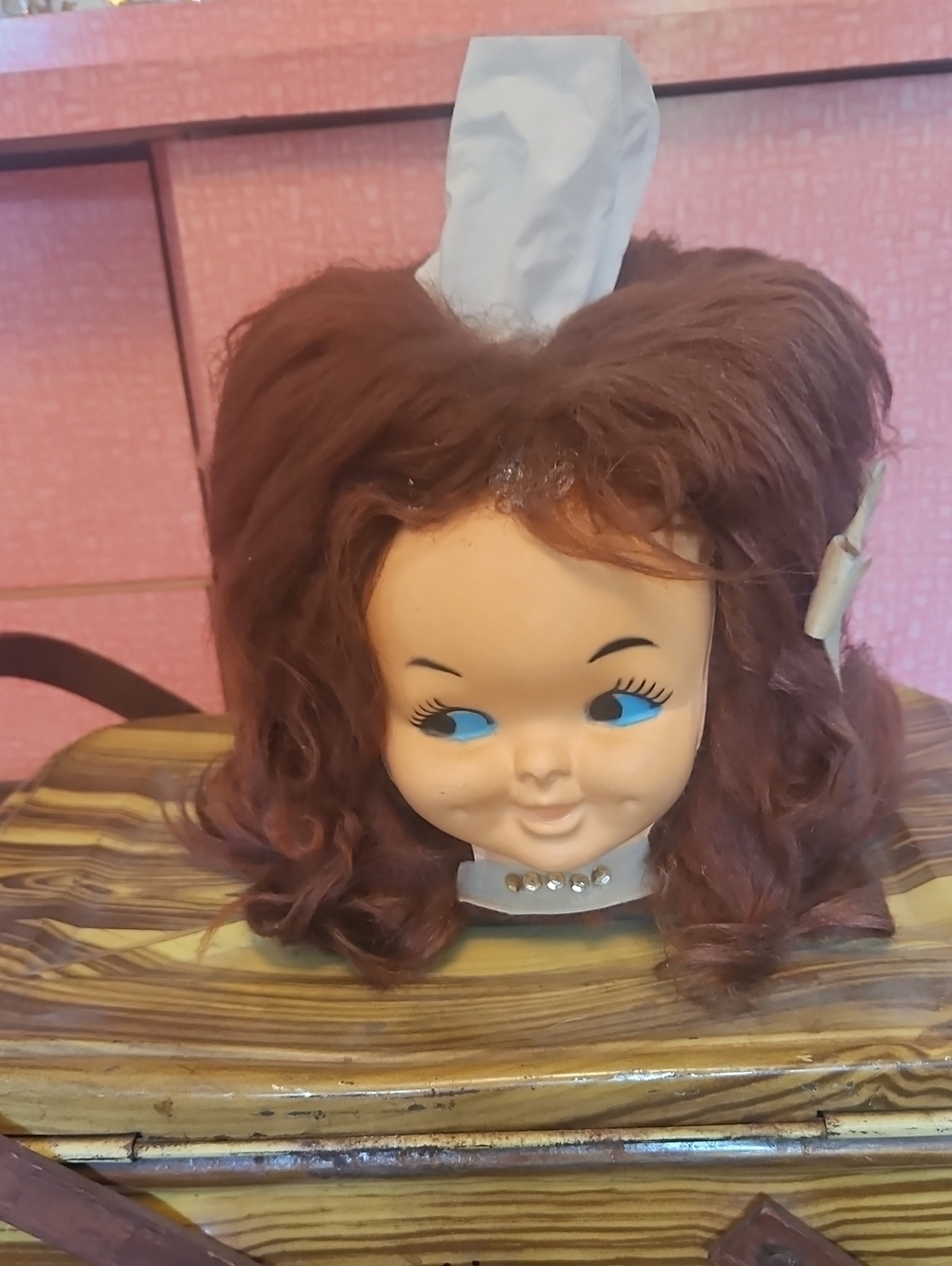 Vintage 1960s Doll Face Wig Tissue Box Holder